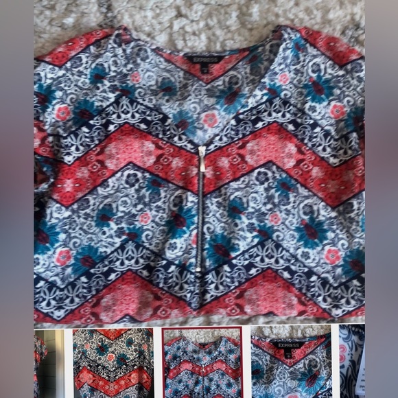 Express short sleeve colorful print top. Adj. front zipper excellent condition. - Picture 7 of 16